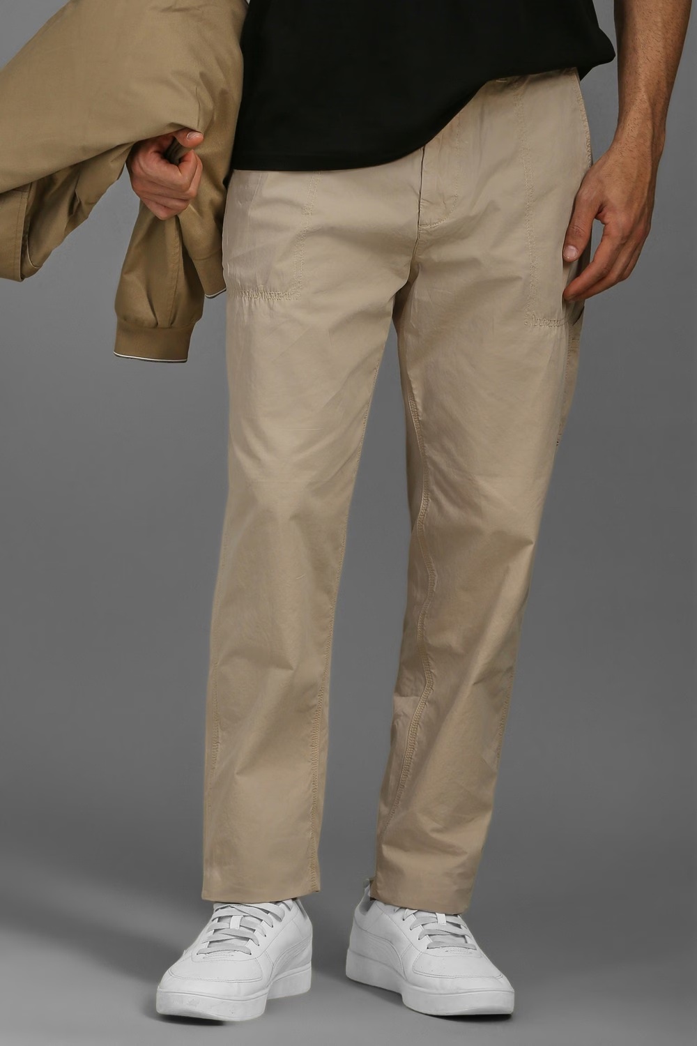 Men Beige Contemporary Fit Solid Flat Front Casual Trousers-Beige