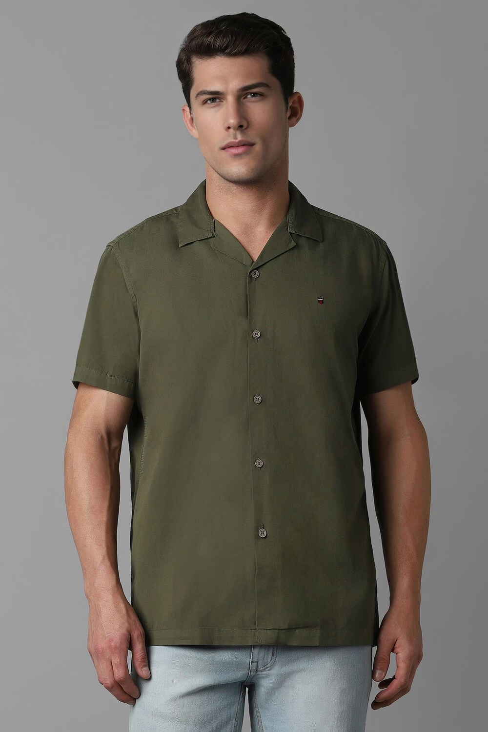 Men Olive Slim Fit Solid Half Sleeves Casual Shirt-Olive