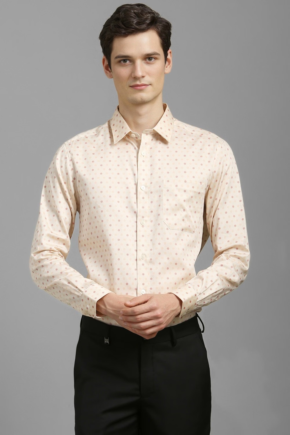 Men Beige Classic Fit Print Full Sleeves Formal Shirt-Beige