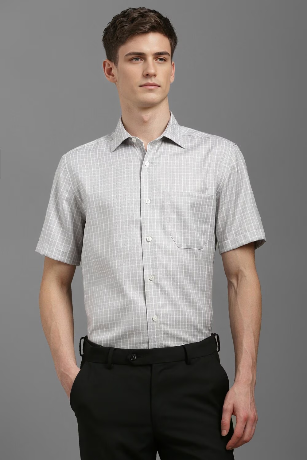 Men Grey Classic Fit Check Half Sleeves Formal Shirt-Grey