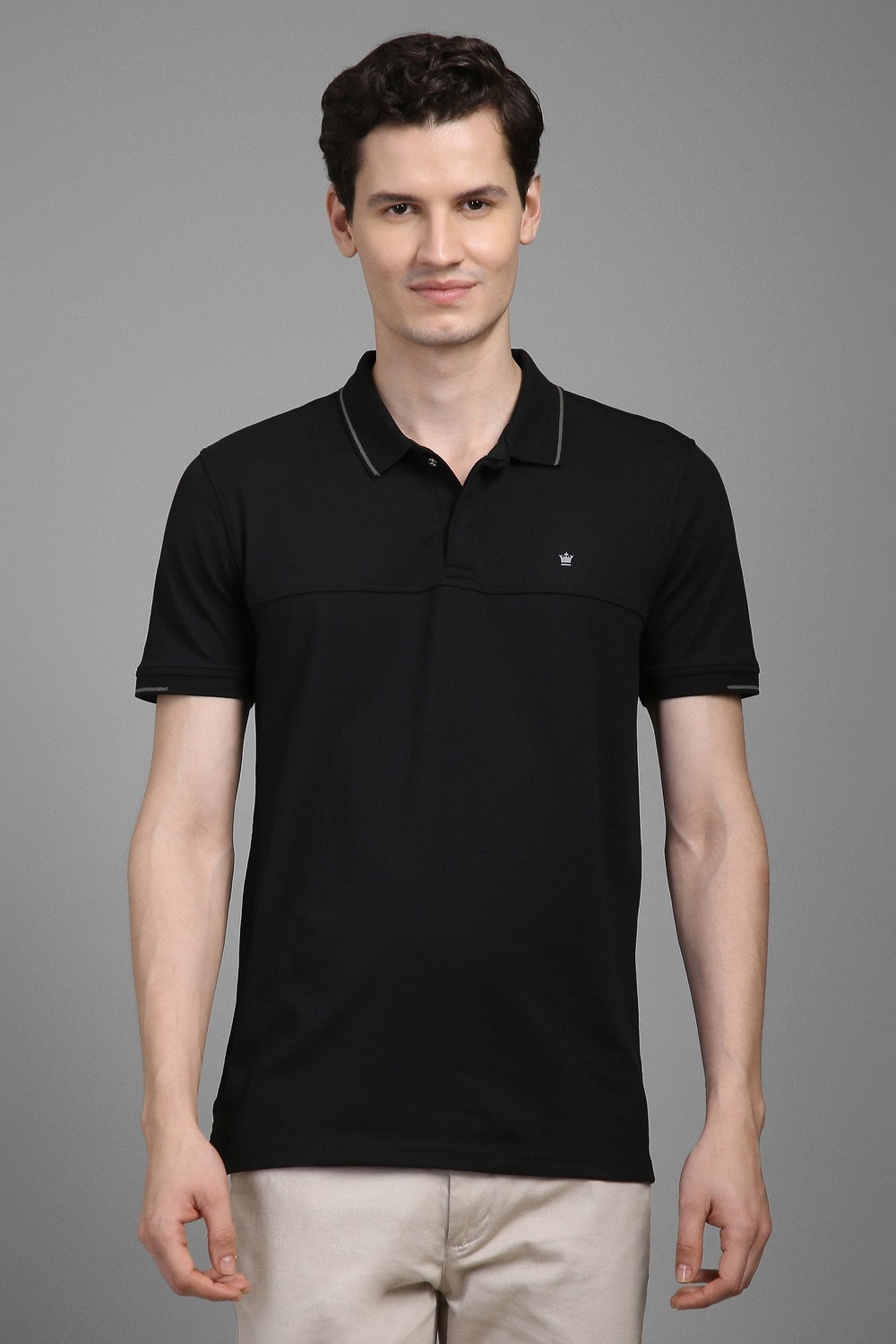 Men Black Solid Polo Neck T-shirt-Black