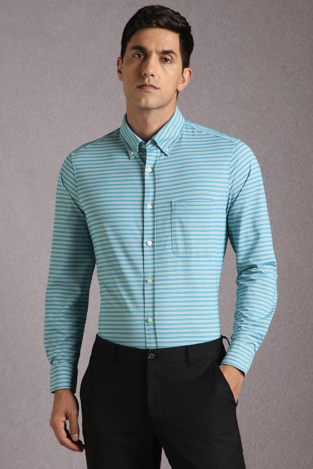 Men Light Blue Stripe Full Sleeves Formal Shirt-Light Blue