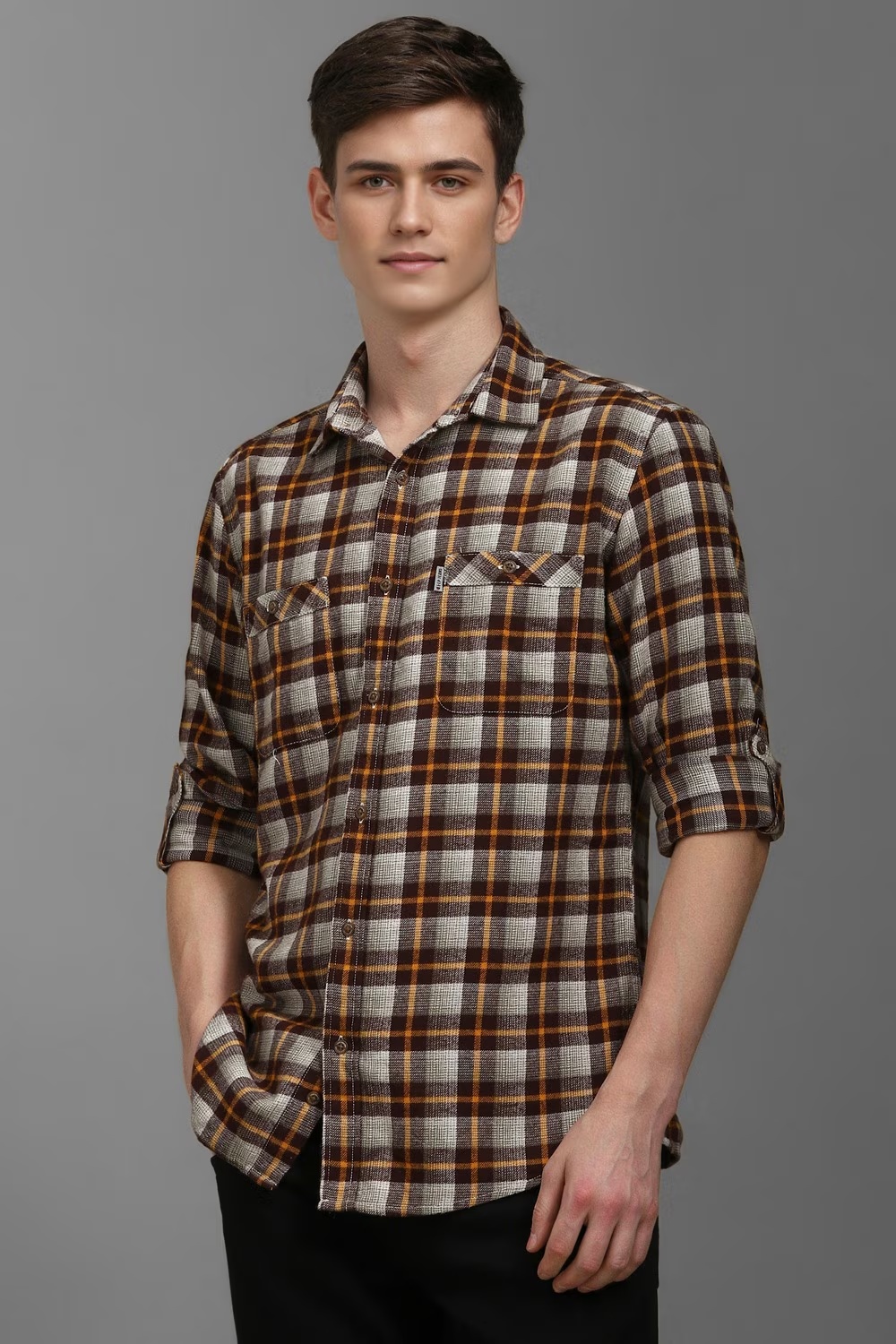 Men Brown Slim Fit Check Full Sleeves Casual Shirt-Brown