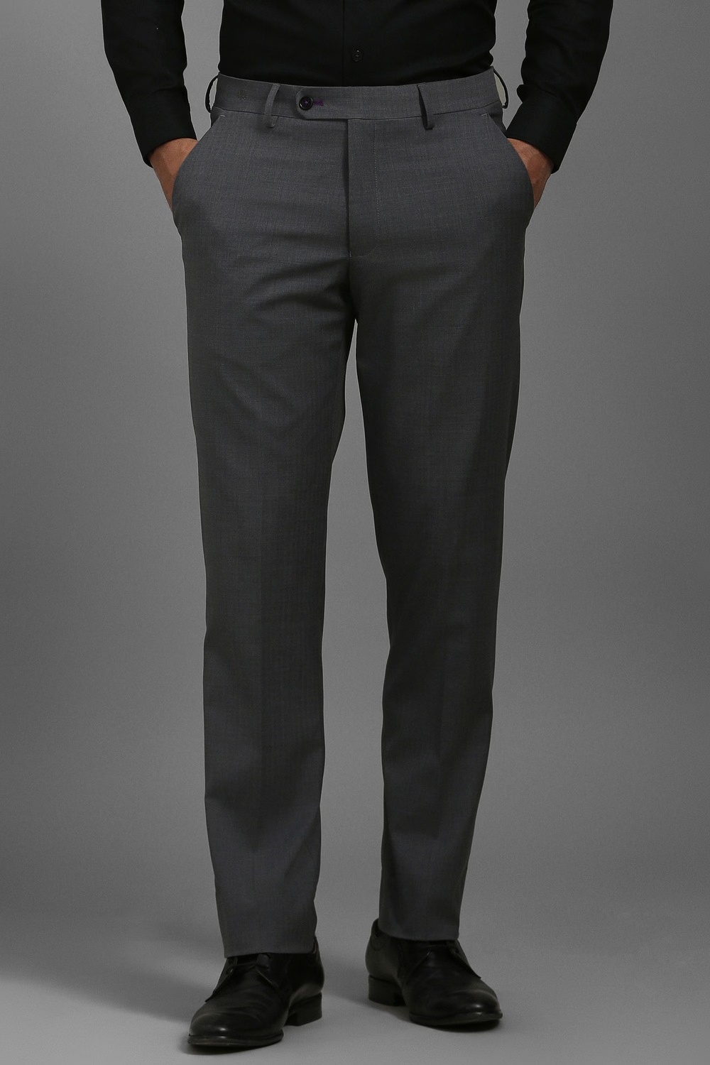 Men Grey Slim Fit Textured Flat Front Formal Trousers-Grey
