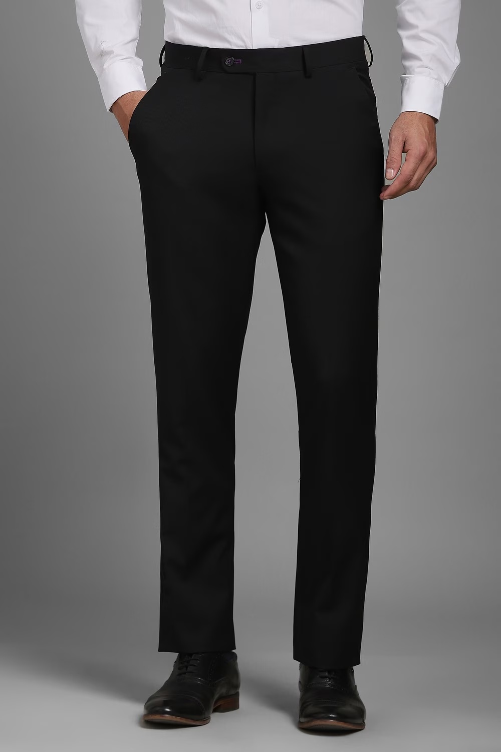 Men Black Solid Flat Front Formal Trousers-Black