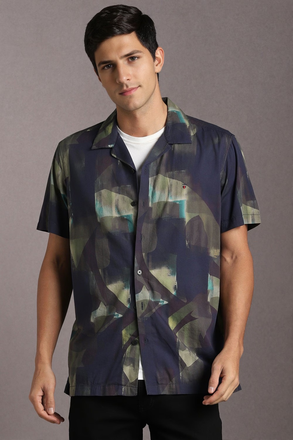 Men Navy Print Half Sleeves Casual Shirt-Navy