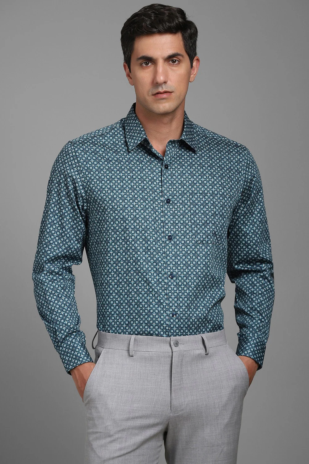 Men Blue Print Full Sleeves Formal Shirt-Blue