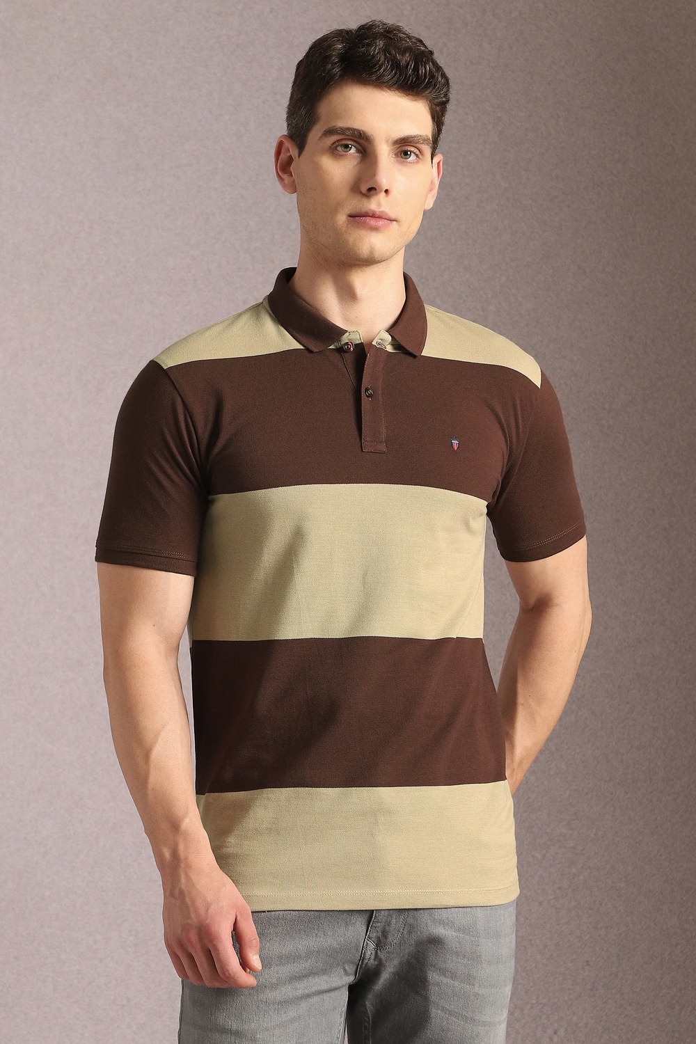 Men Beige Stripe Polo Neck T-shirt-Beige