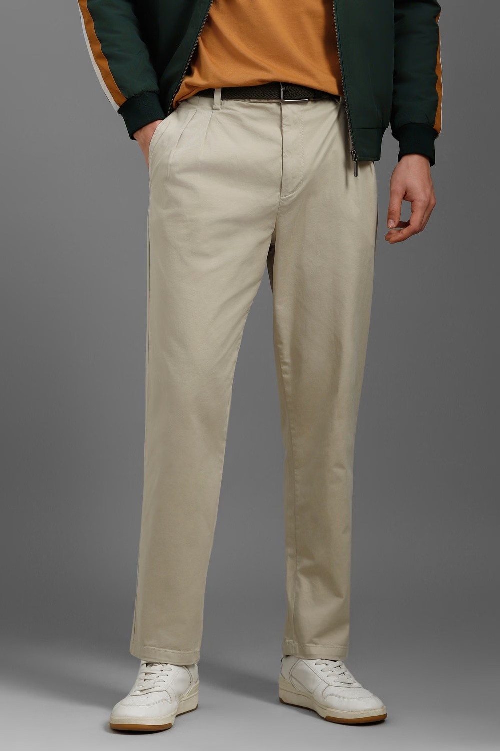 Men Beige Contemporary Fit Solid Pleated Casual Trousers-Beige