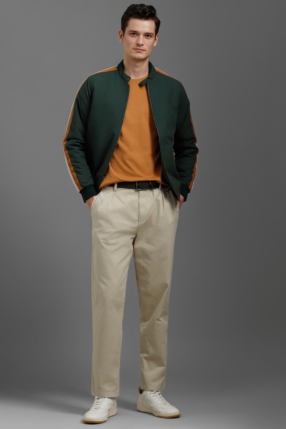 Men Beige Contemporary Fit Solid Pleated Casual Trousers-Beige