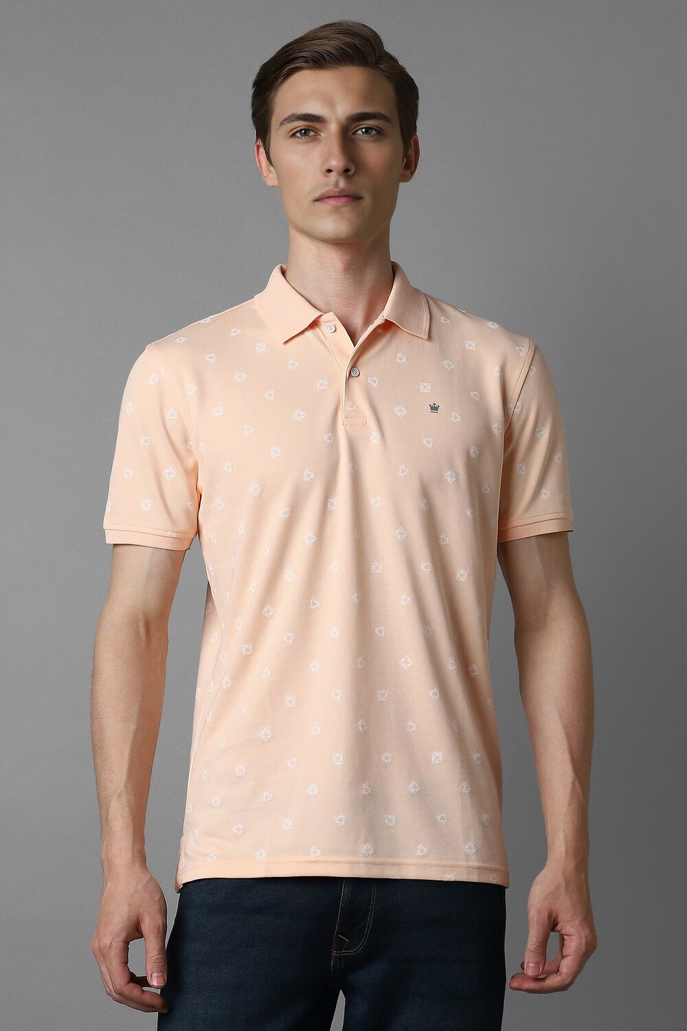 Men Peach Print Polo Neck T-shirt-Peach