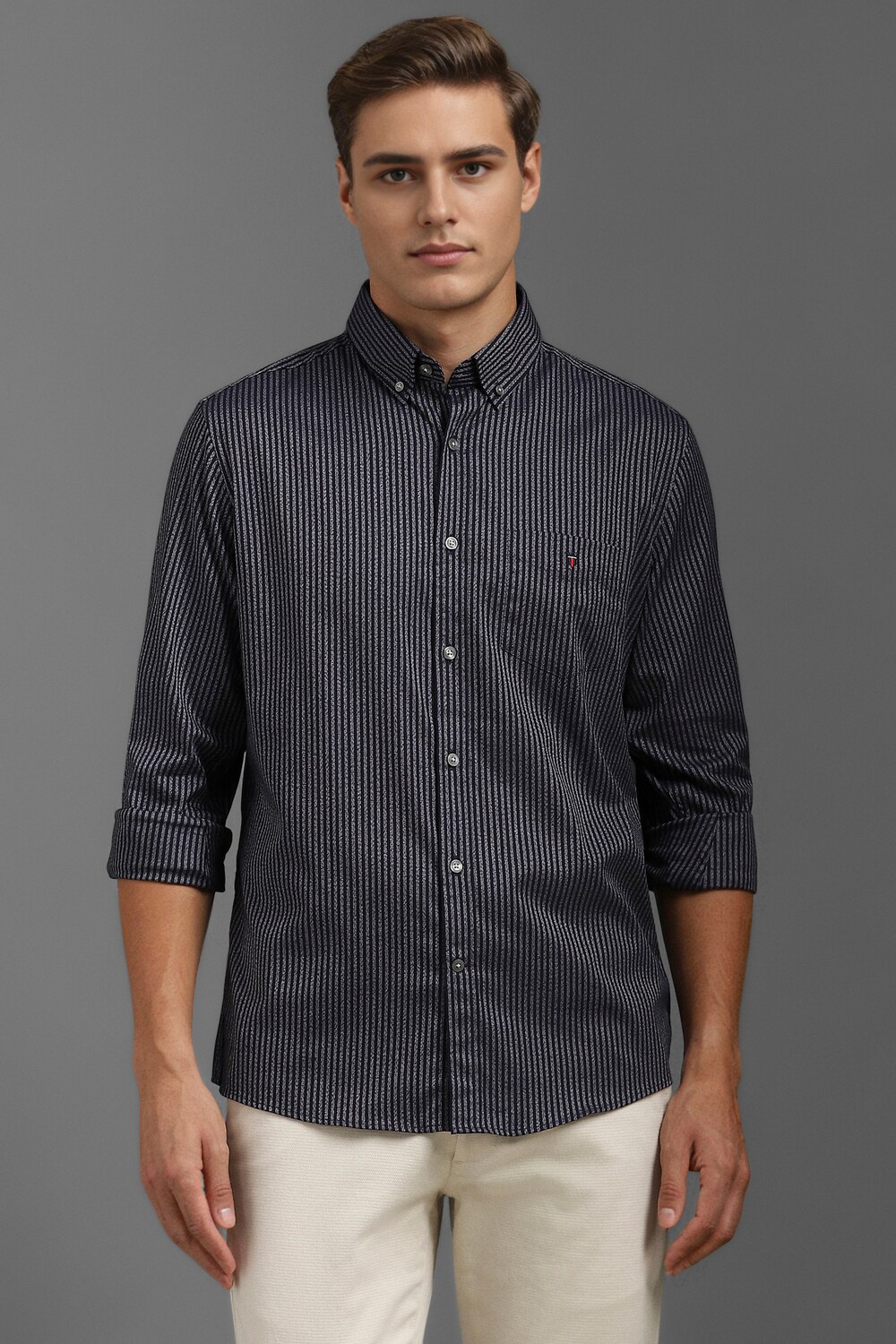 Men Grey Slim Fit Stripe Full Sleeves Casual Shirt-Grey