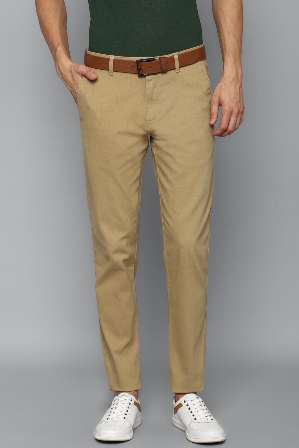 Men Khaki Slim Fit Solid Flat Front Casual Trousers-Khaki