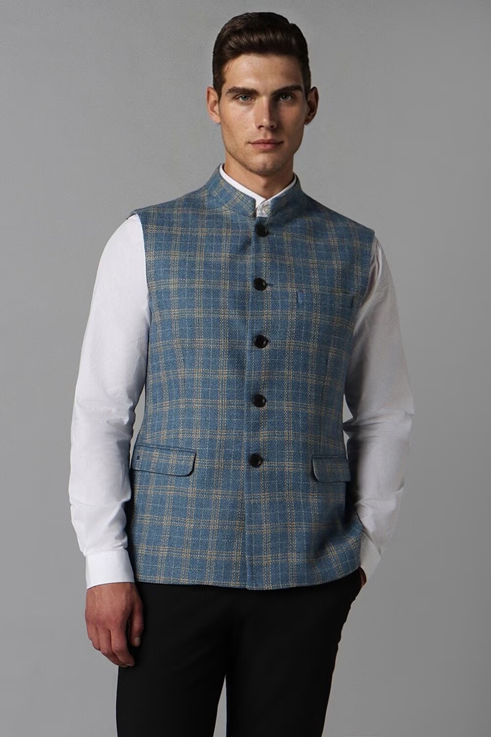 Men Blue Check Slim Fit Party Nehru Jacket-Blue