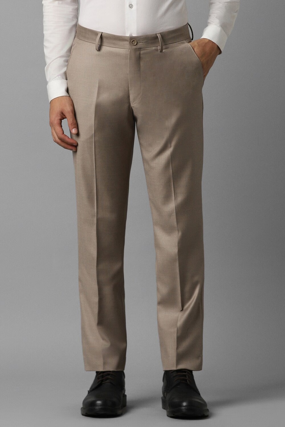 Men Brown Slim Fit Textured Flat Front Formal Trousers-Brown
