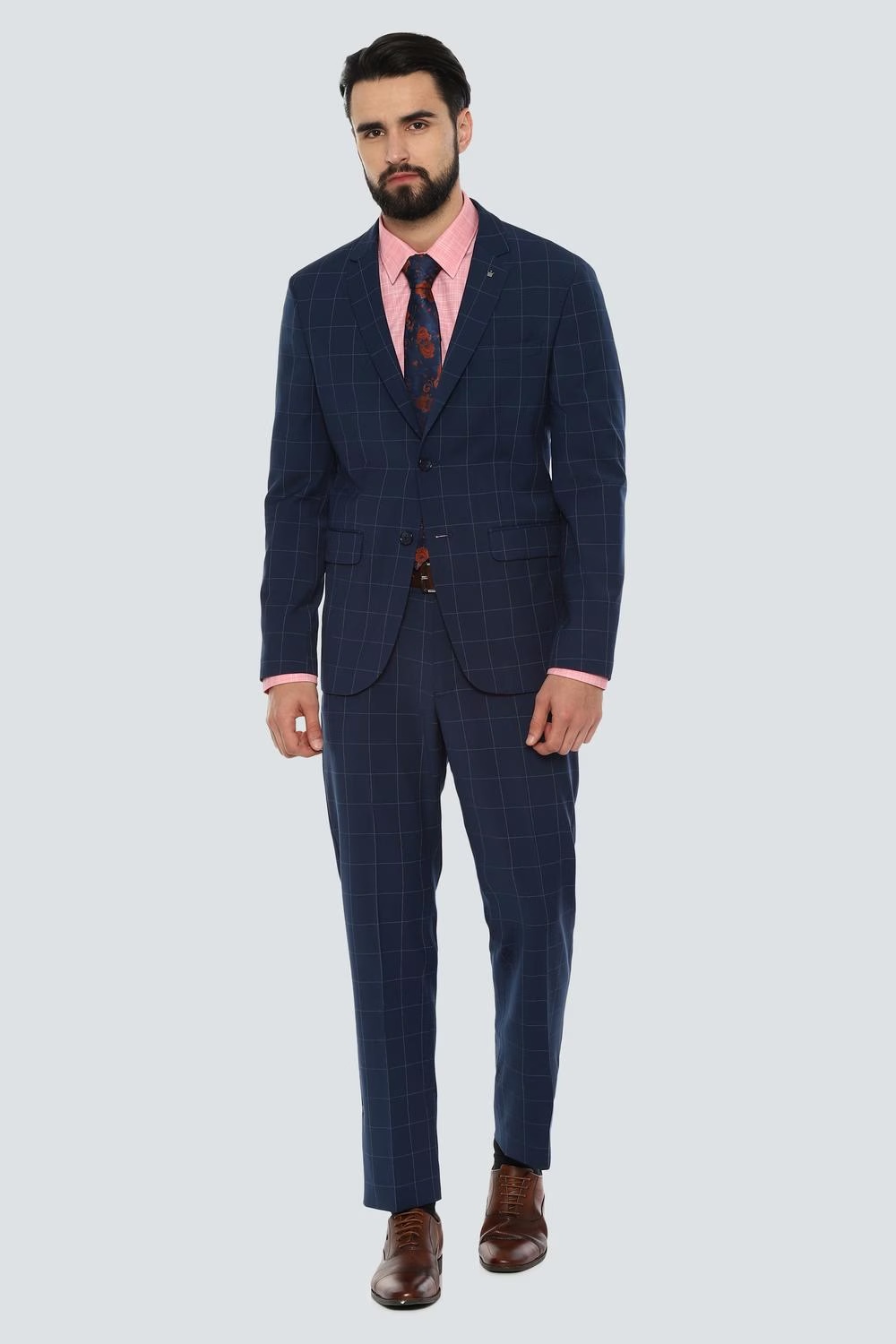 Men Navy Slim Fit Check Formal Two Piece Suit-Navy