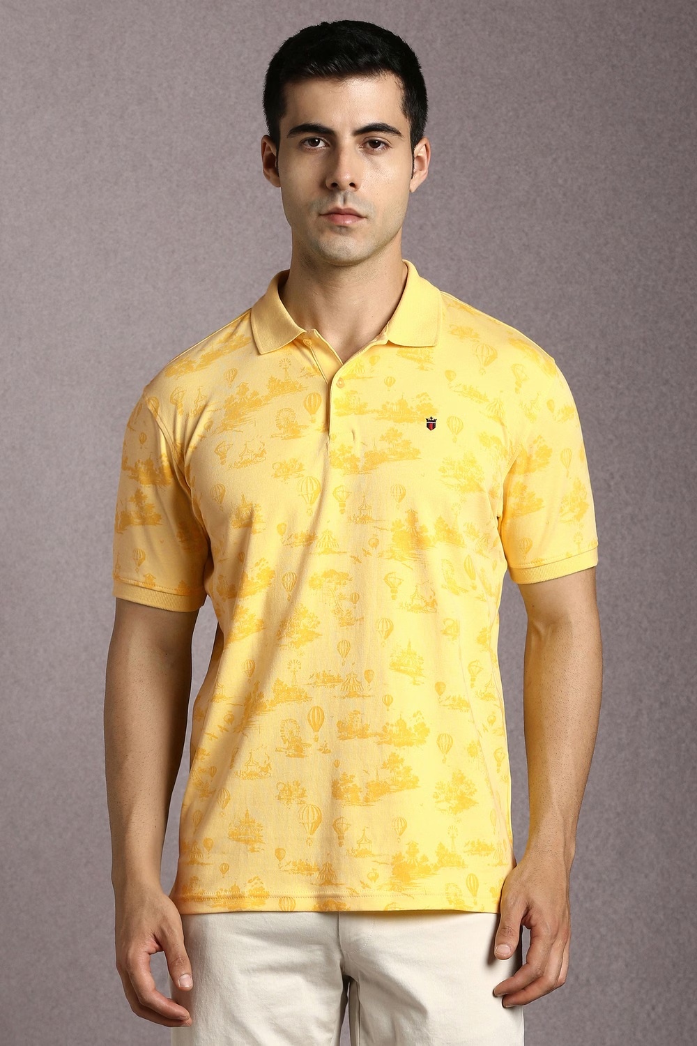 Men Yellow Print Polo Neck T-shirt-Yellow