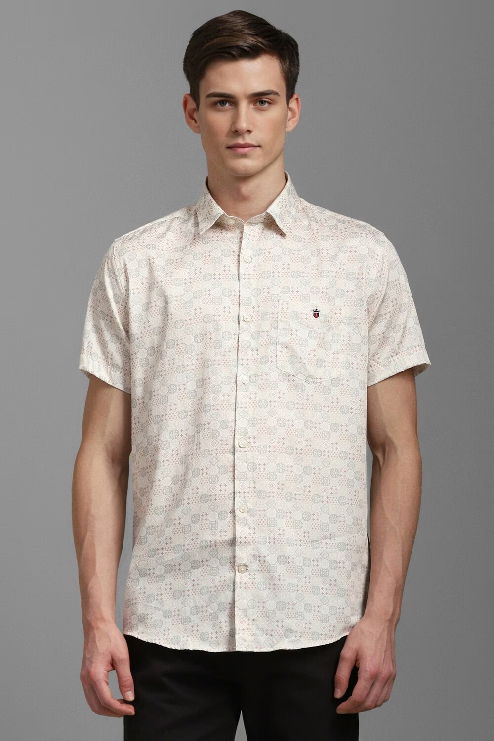 Men Cream Slim Fit Print Half Sleeves Casual Shirt-Cream