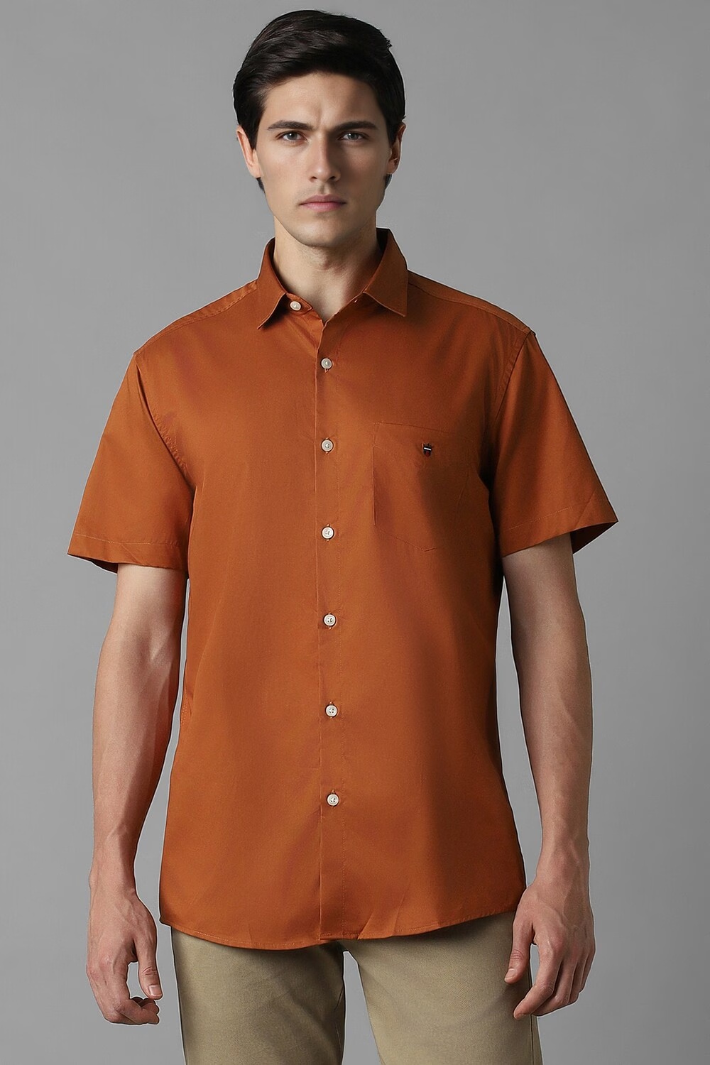 Men Orange Slim Fit Solid Half Sleeves Casual Shirt-Orange