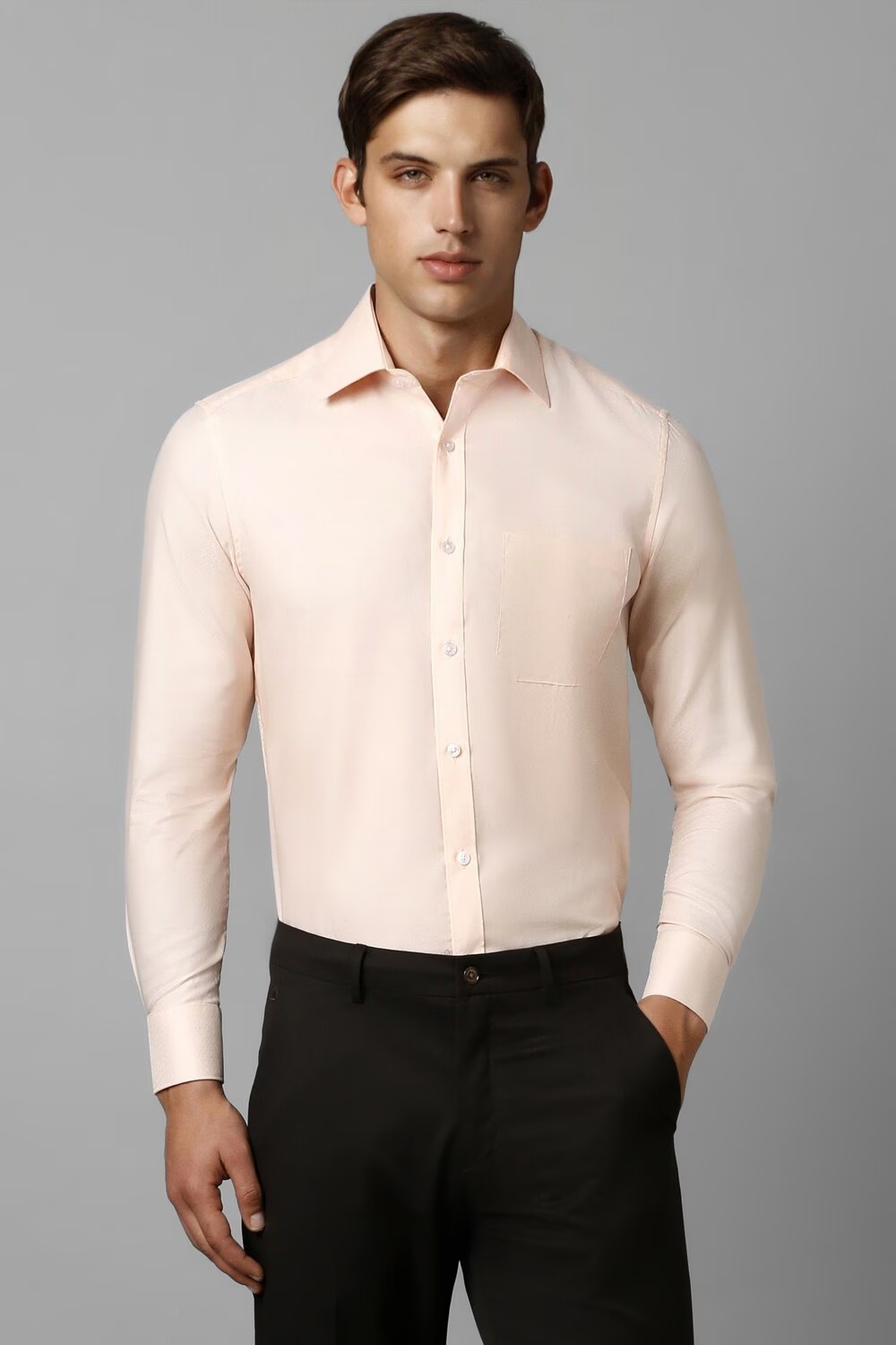 Men Peach Classic Fit Textured Full Sleeves Formal Shirt-Peach