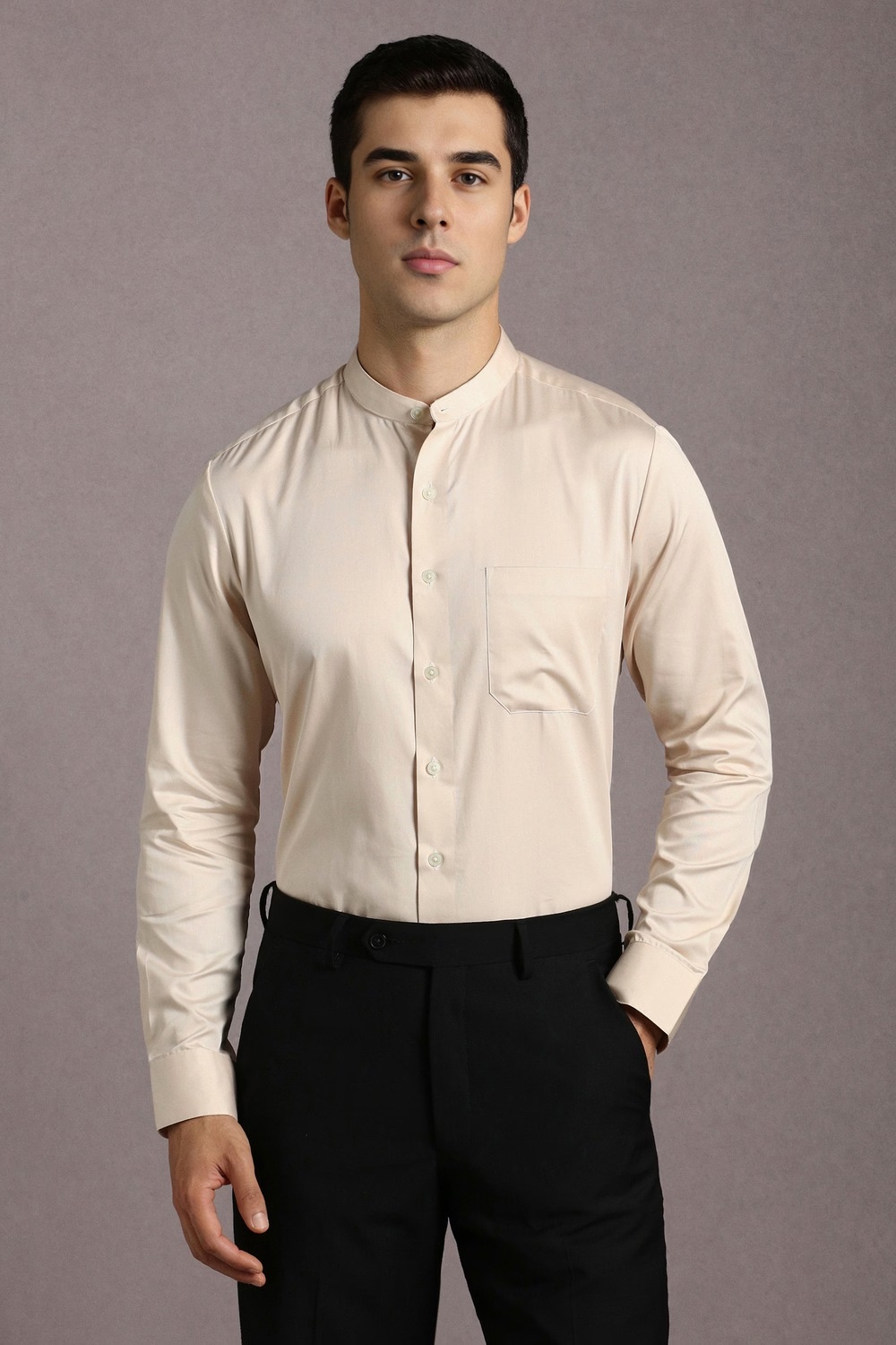 Men Beige Solid Full Sleeves Formal Shirt-Beige