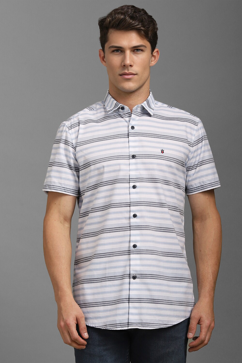 Men White Slim Fit Stripe Half Sleeves Casual Shirt-White