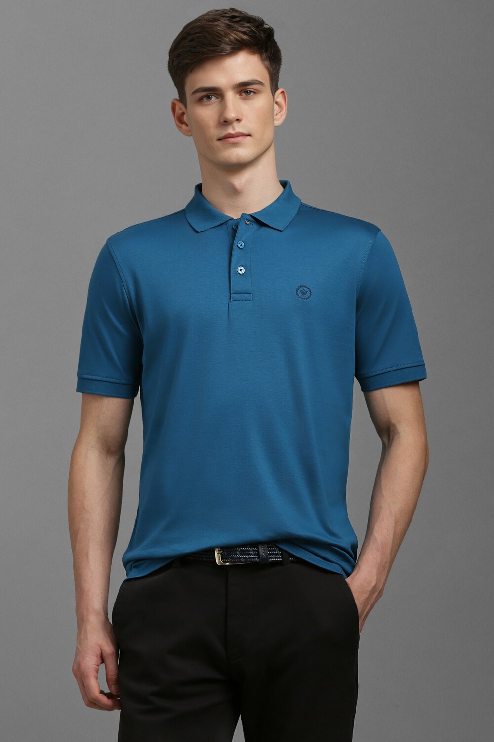 Men Blue Solid Polo Neck T-shirt-Blue
