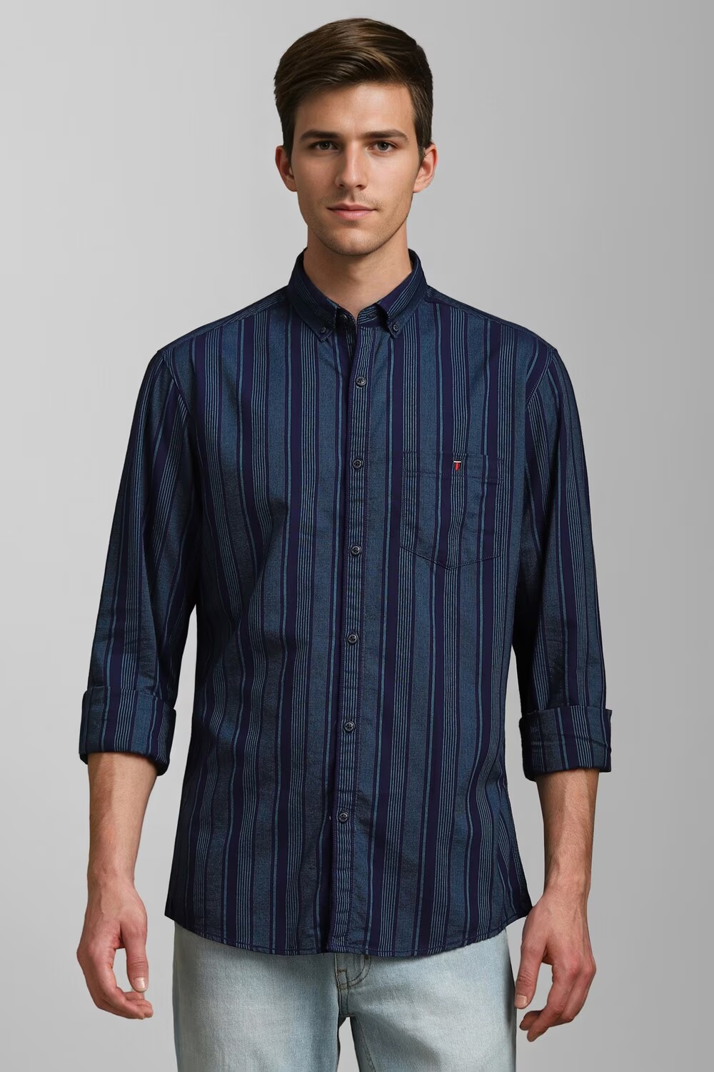 Men Blue Slim Fit Stripe Full Sleeves Casual Shirt-Blue