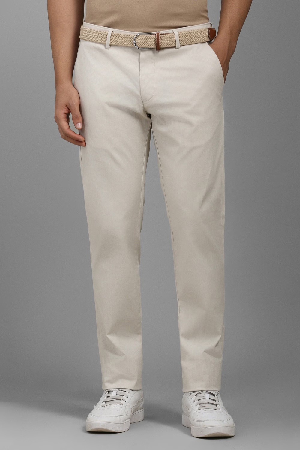 Men Cream Slim Fit Textured Flat Front Casual Trousers-Cream
