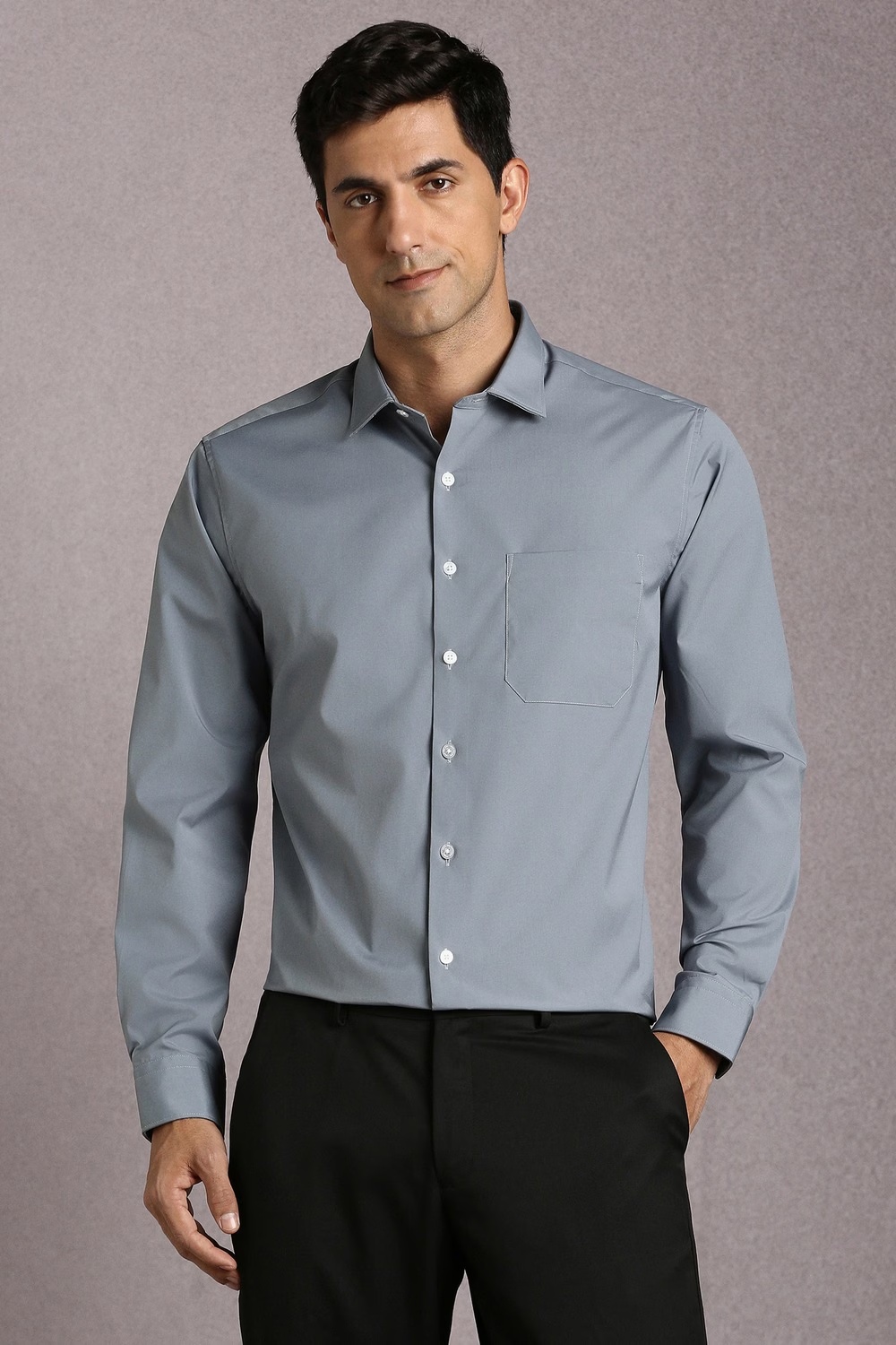 Men Grey Solid Full Sleeves Formal Shirt-Grey