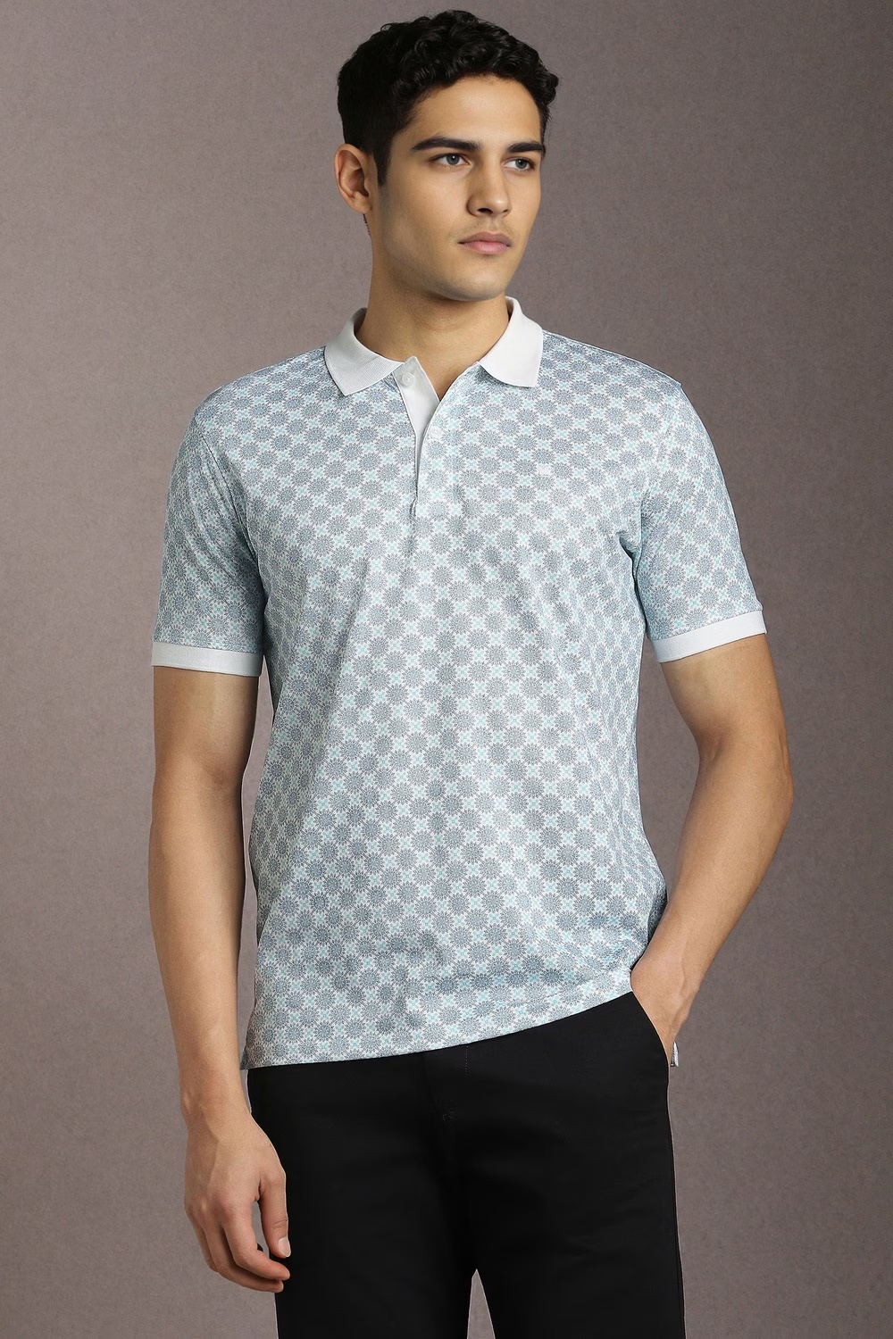 Men Grey Print Polo Neck T-shirt-Grey