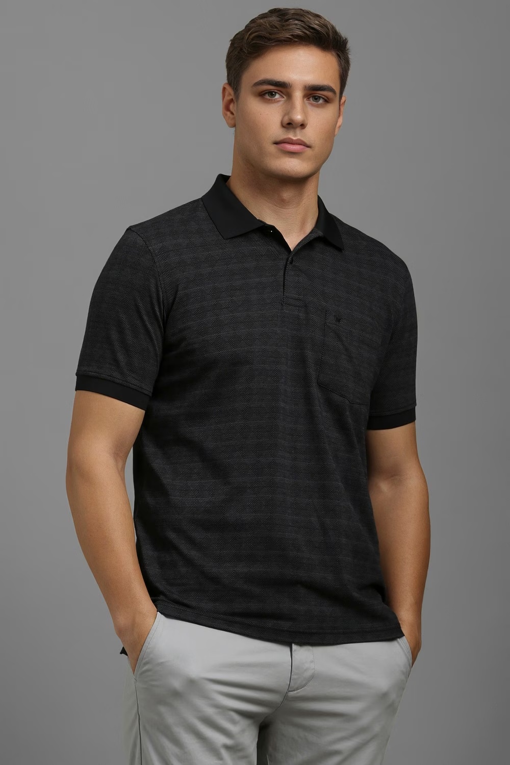 Men Black Print Polo Neck T-shirt-Black