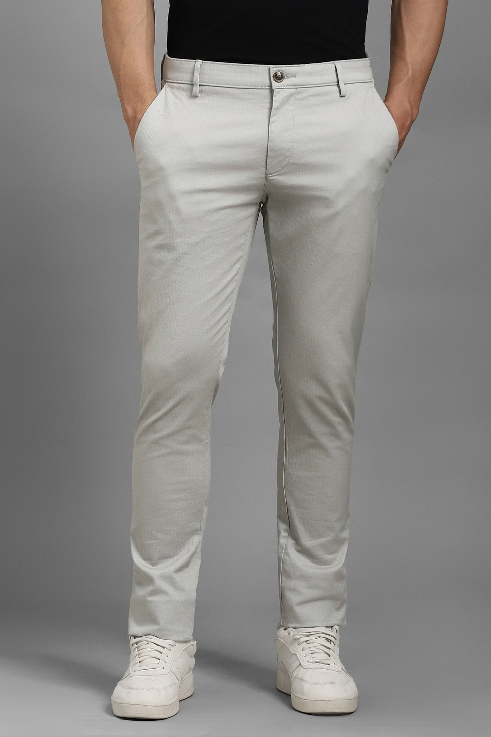 Men Grey Textured Flat Front Casual Trousers-Grey