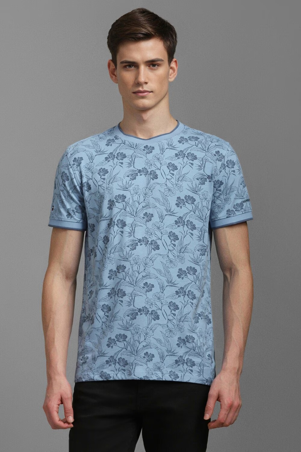 Men Light Blue Print Crew Neck T-shirt-Light Blue
