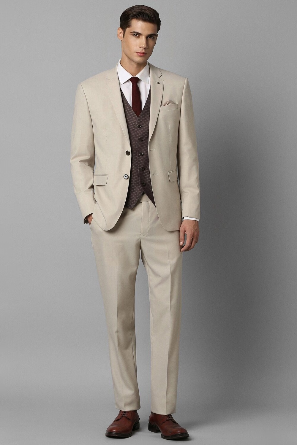 Men Beige Slim Fit Textured Formal Three Piece Suit-Beige