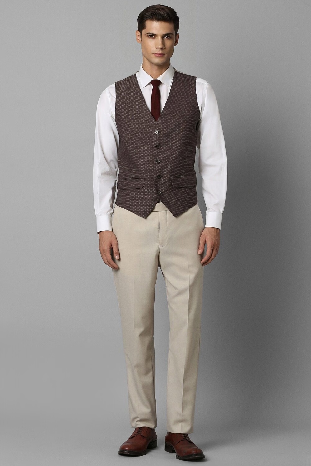Men Beige Slim Fit Textured Formal Three Piece Suit-Beige