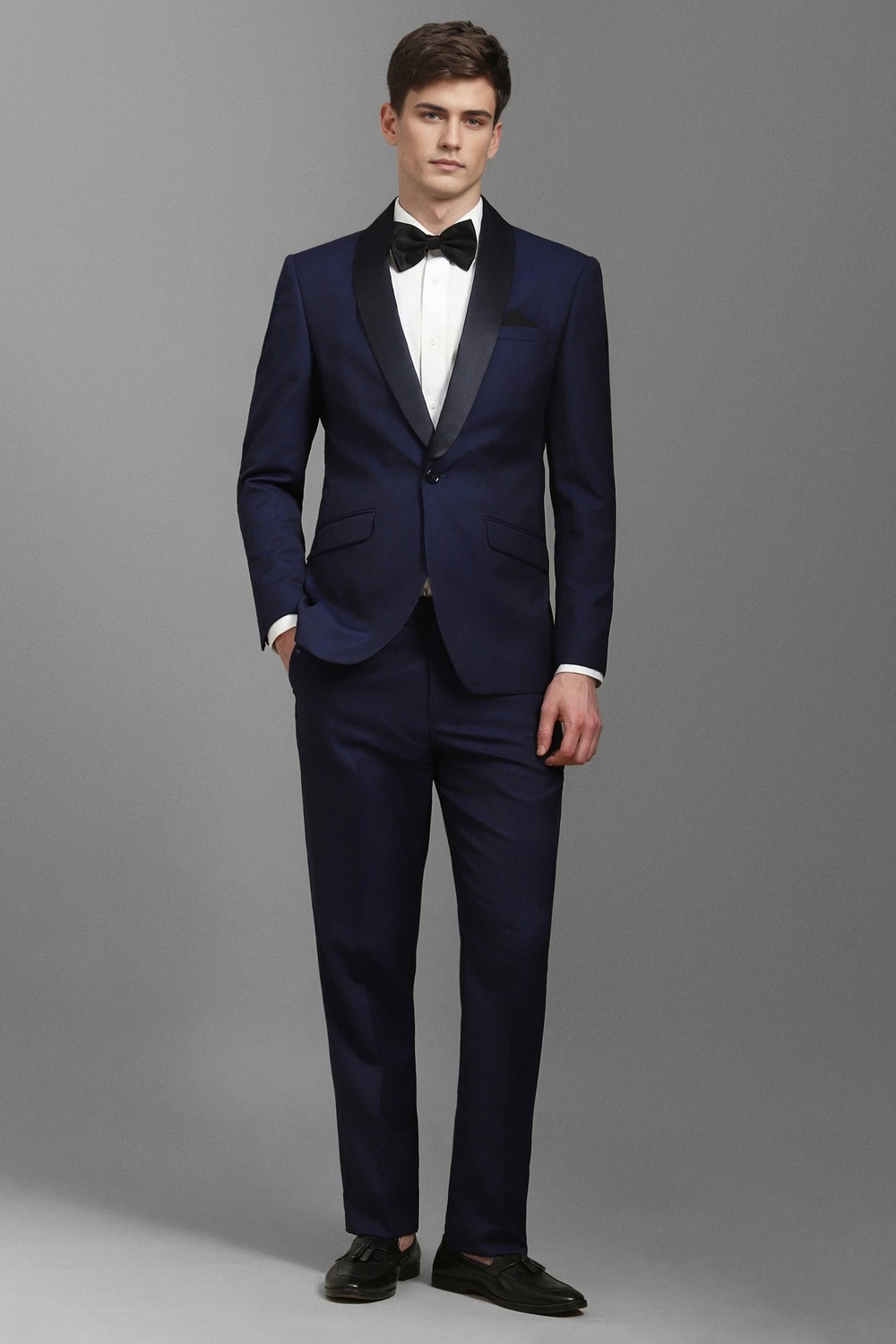Men Navy Slim Fit Dots Formal Two Piece Suit-Navy