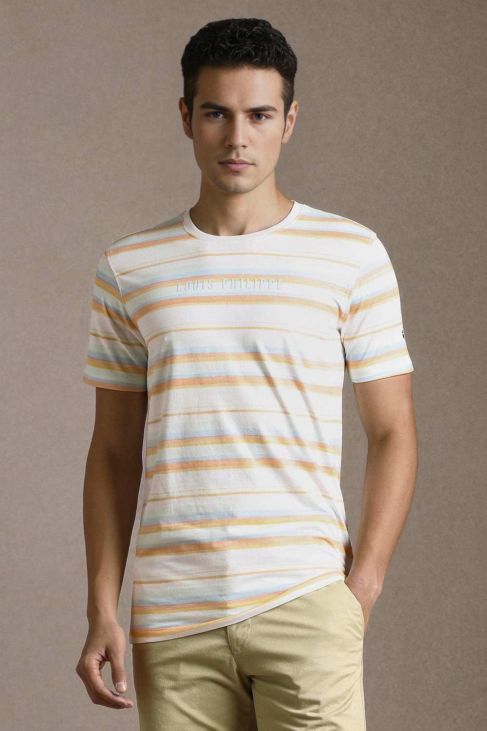 Men White Stripe Crew Neck T-shirt-White