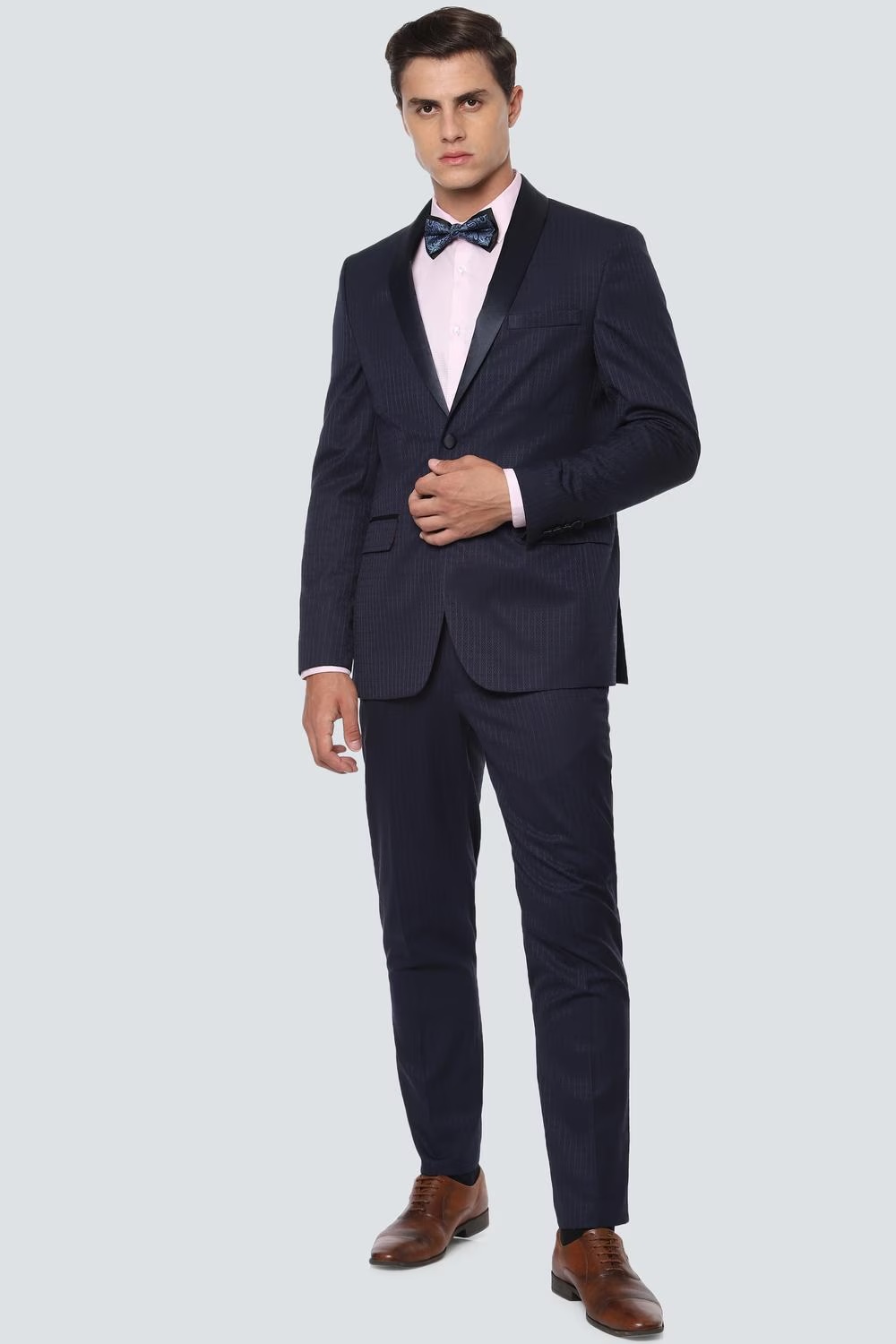 Men Navy Slim Fit Check Formal Two Piece Suit-Navy