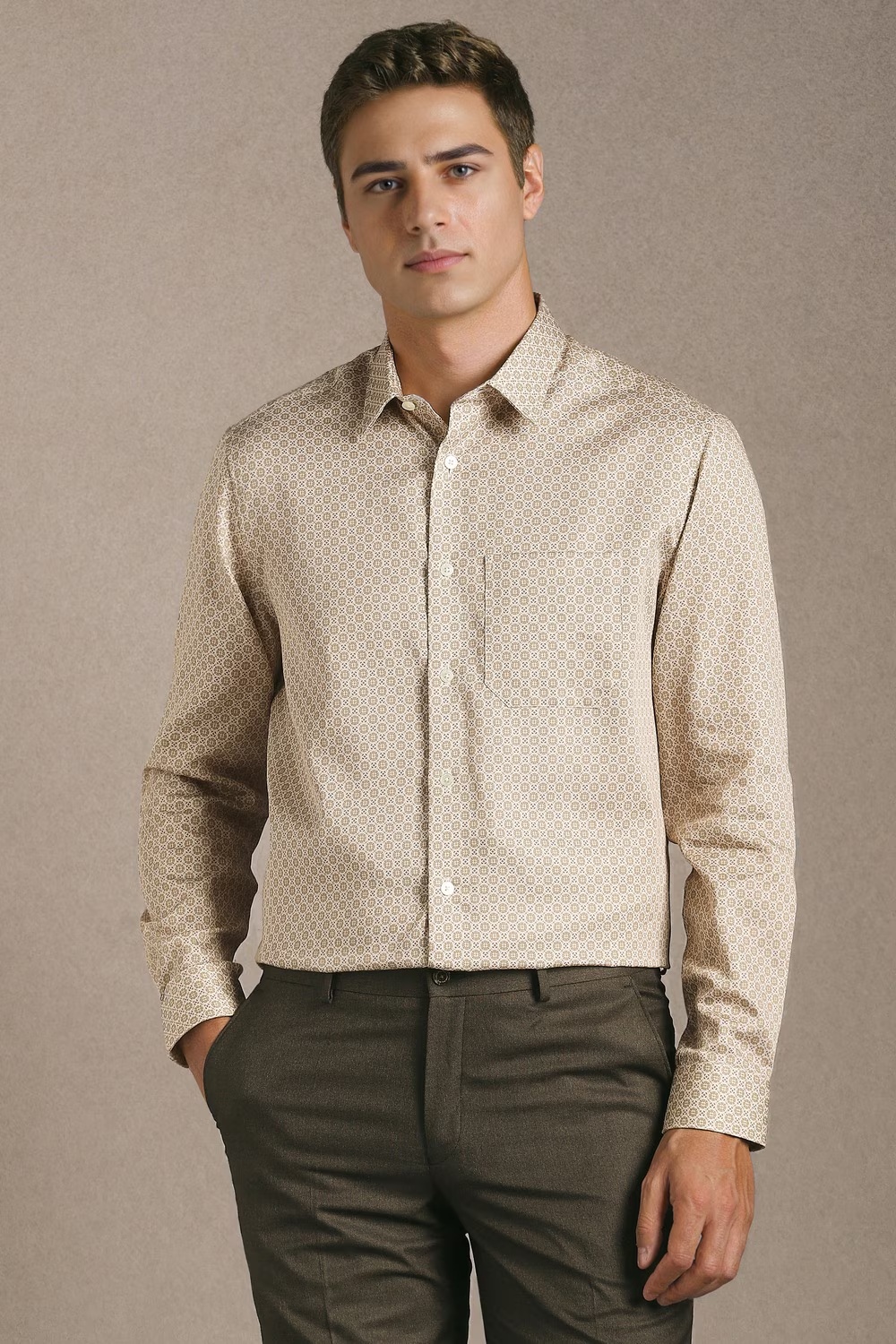 Men Beige Print Full Sleeves Formal Shirt-Beige