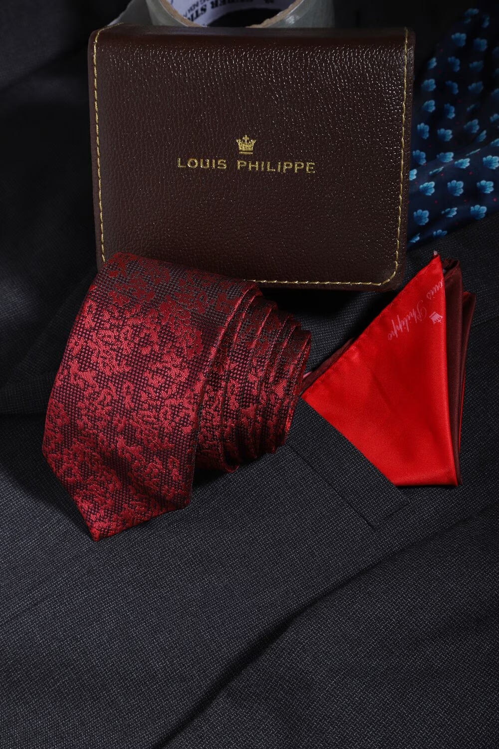 Men Red Print Tie and Pocket Square-Red