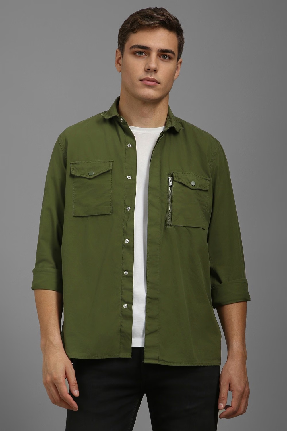 Men Olive Slim Fit Solid Full Sleeves Casual Shirt-Olive