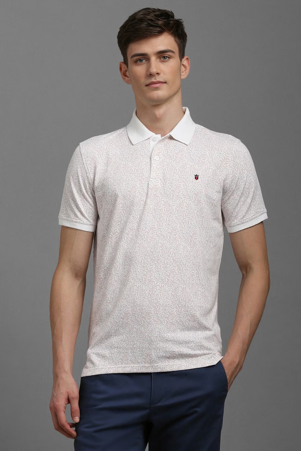 Men White Print Polo Neck T-shirt-White