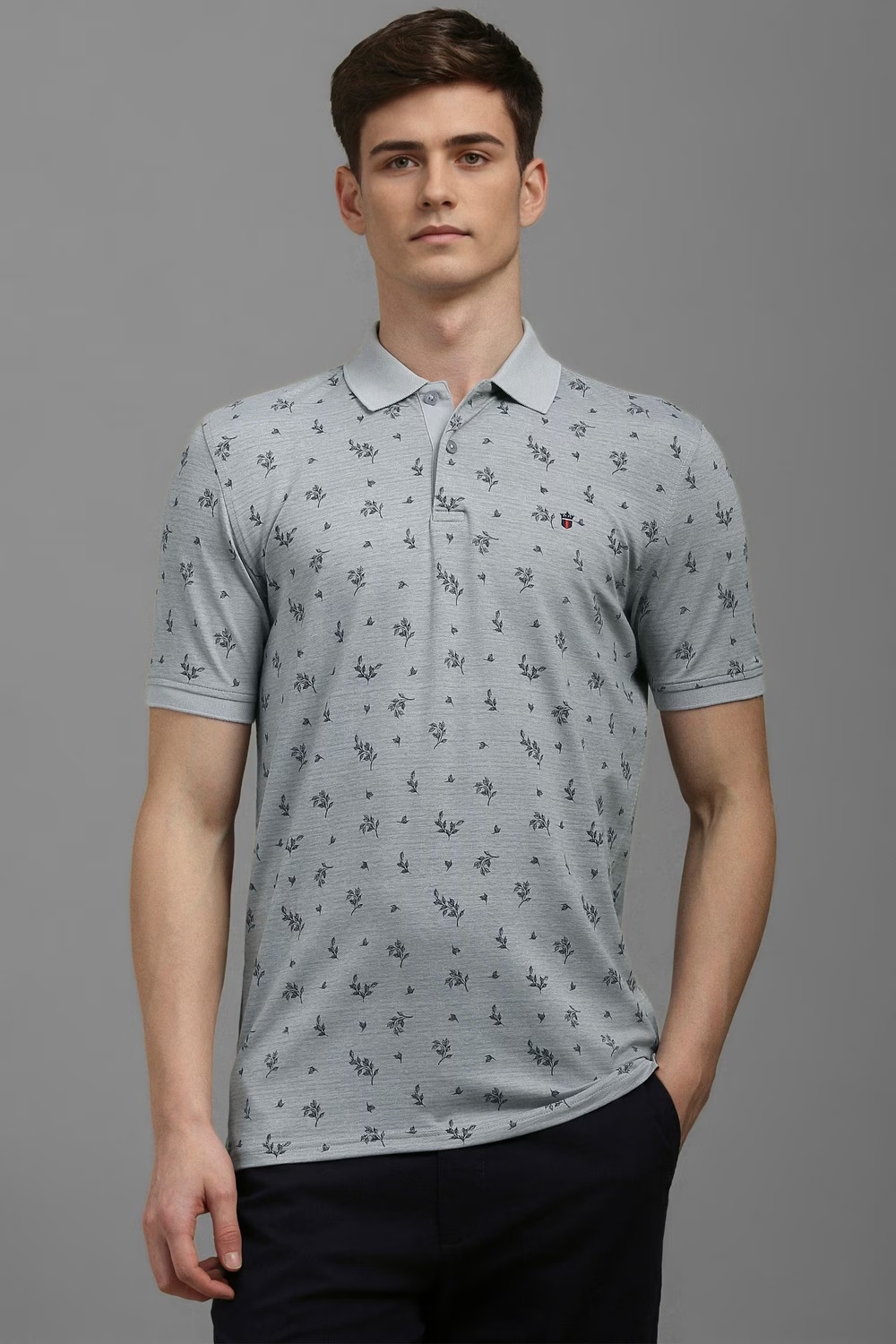 Men Grey Print Polo Neck T-shirt-Grey