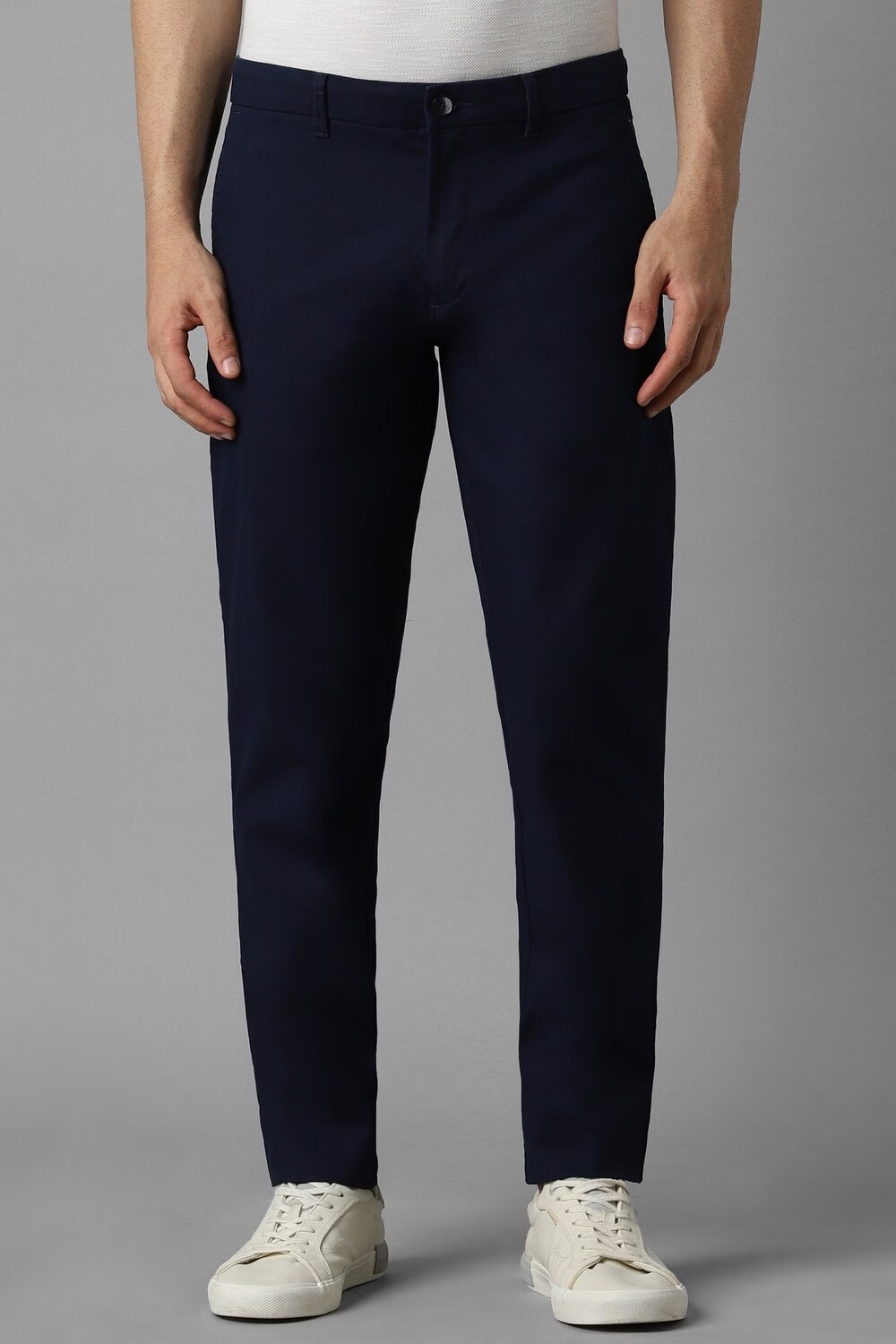 Men Navy Contemporary Fit Solid Flat Front Casual Trousers-Navy