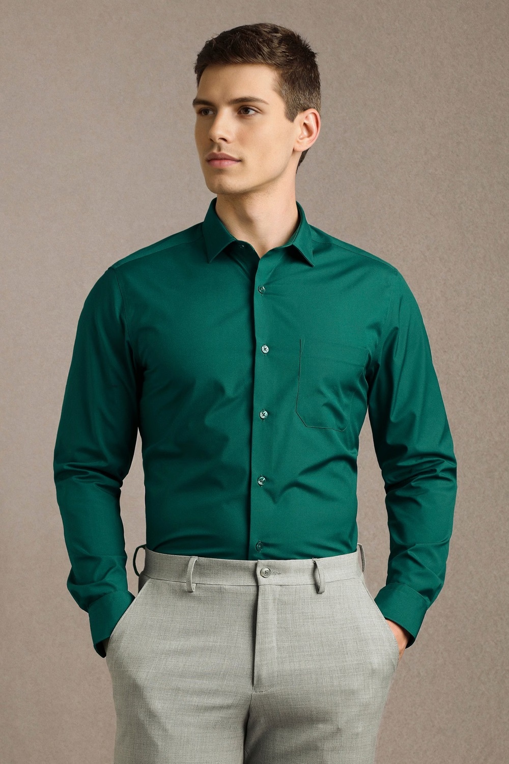 Men Green Solid Full Sleeves Formal Shirt-Green