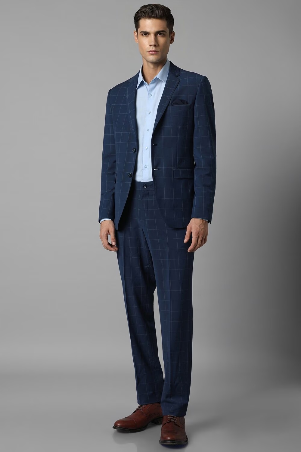 Men Navy Slim Fit Check Formal Two Piece Suit-Navy