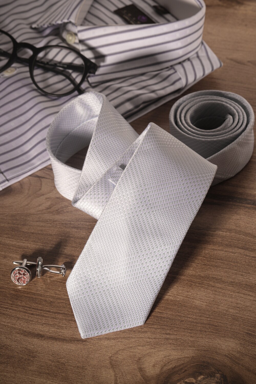 Men White Embroidered Tie-White