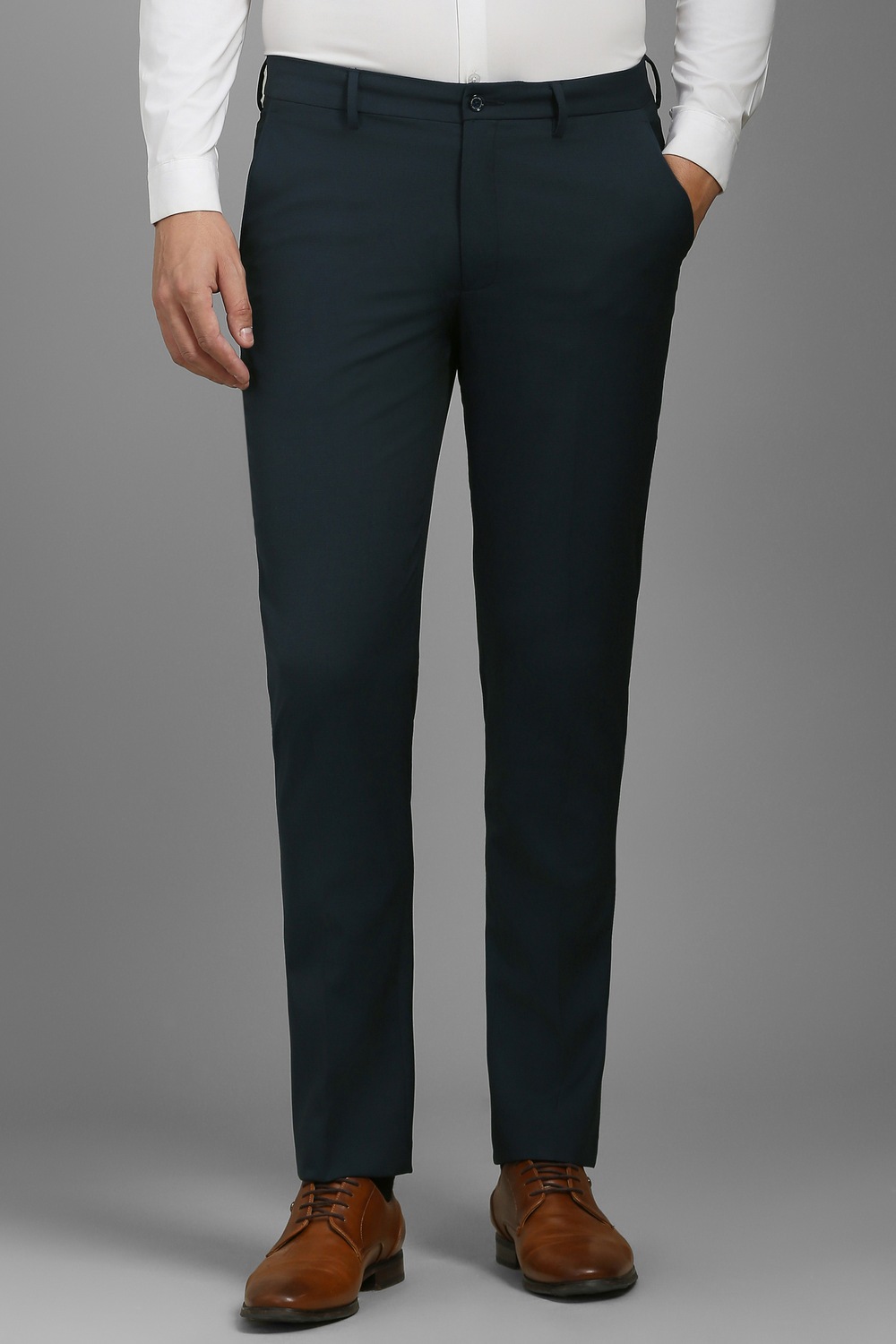 Men Navy Slim Fit Textured Flat Front Formal Trousers-Navy