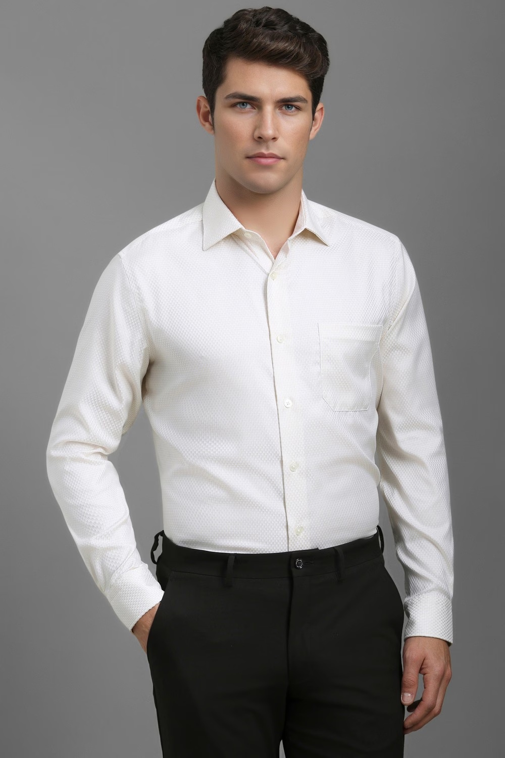 Men Cream Classic Fit Textured Full Sleeves Formal Shirt-Cream